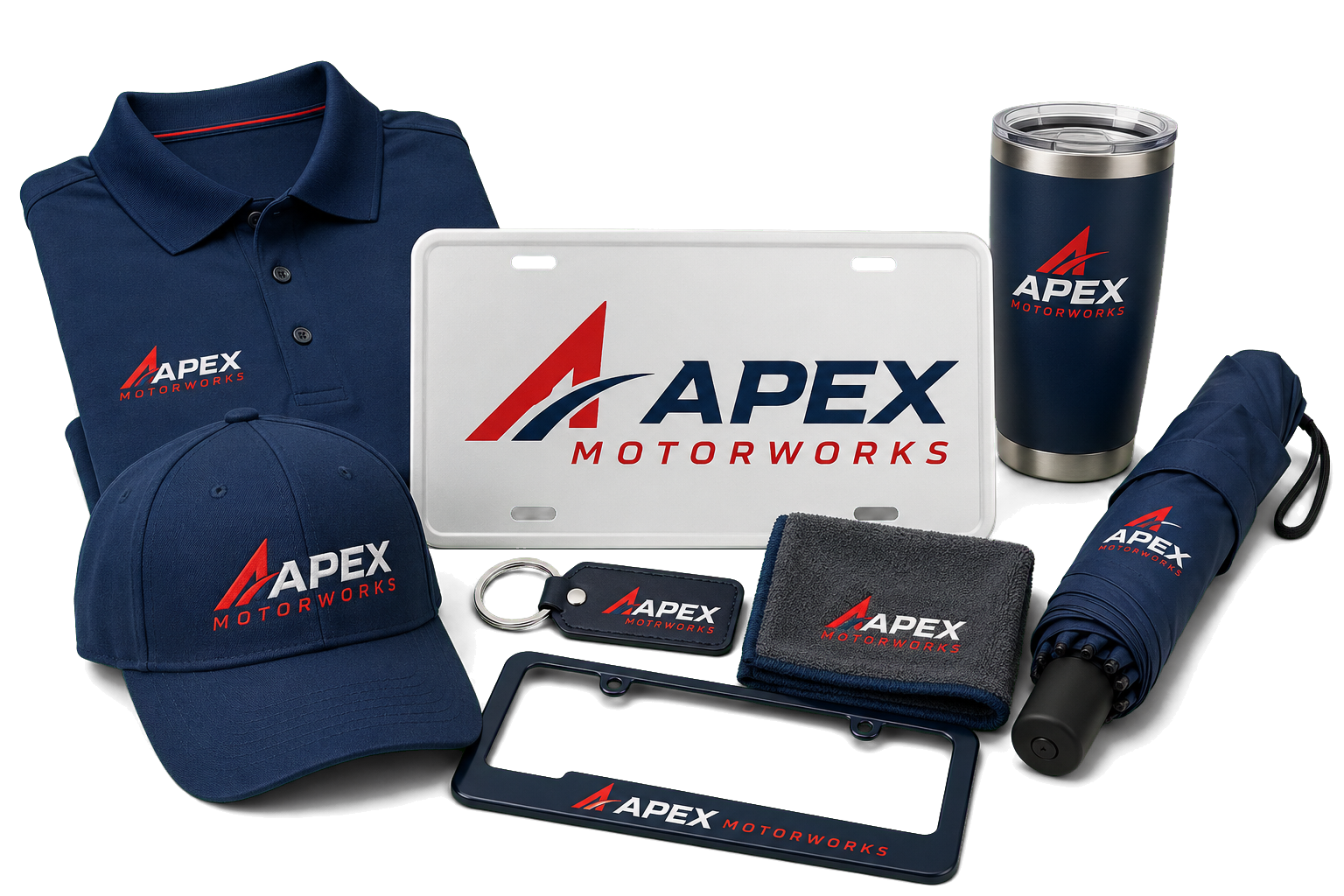Apex Motorworks automotive promotional collection with a branded license plate, polo, cap, key tag, tumbler, license plate frame, detailing towel and umbrella