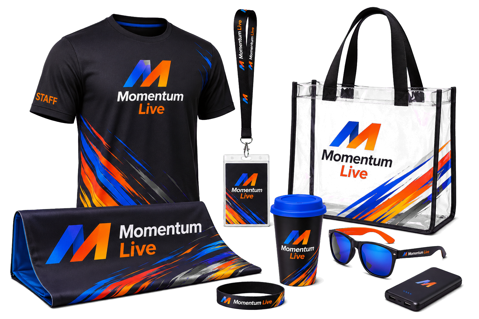 Momentum Live event collection with staff apparel, badge and lanyard, clear tote, reusable cup, sunglasses, wristband, charger and event signage