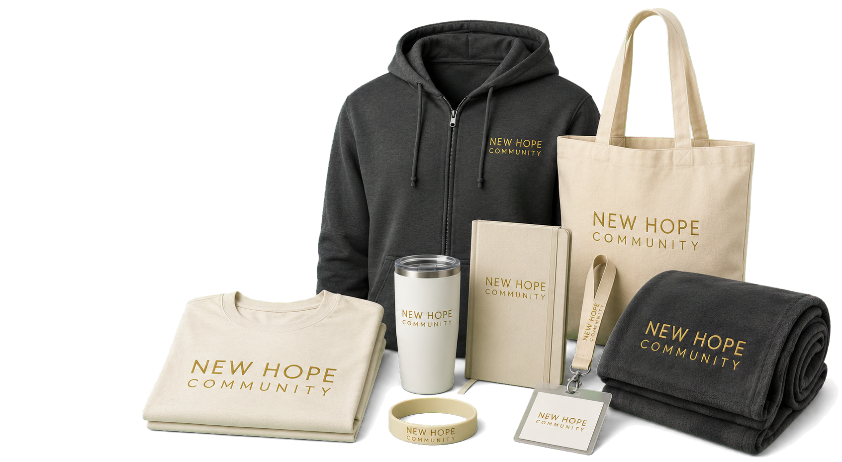 New Hope Community collection with volunteer apparel, tote, tumbler, journal, wristband, lanyard and fleece blanket
