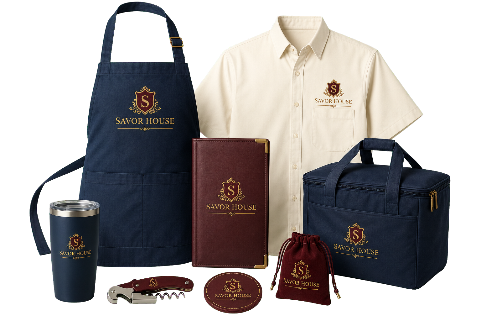 Premium Savor House restaurant collection with a branded apron, hospitality shirt, menu presenter, insulated catering tote, tumbler, wine key, coaster and guest gift