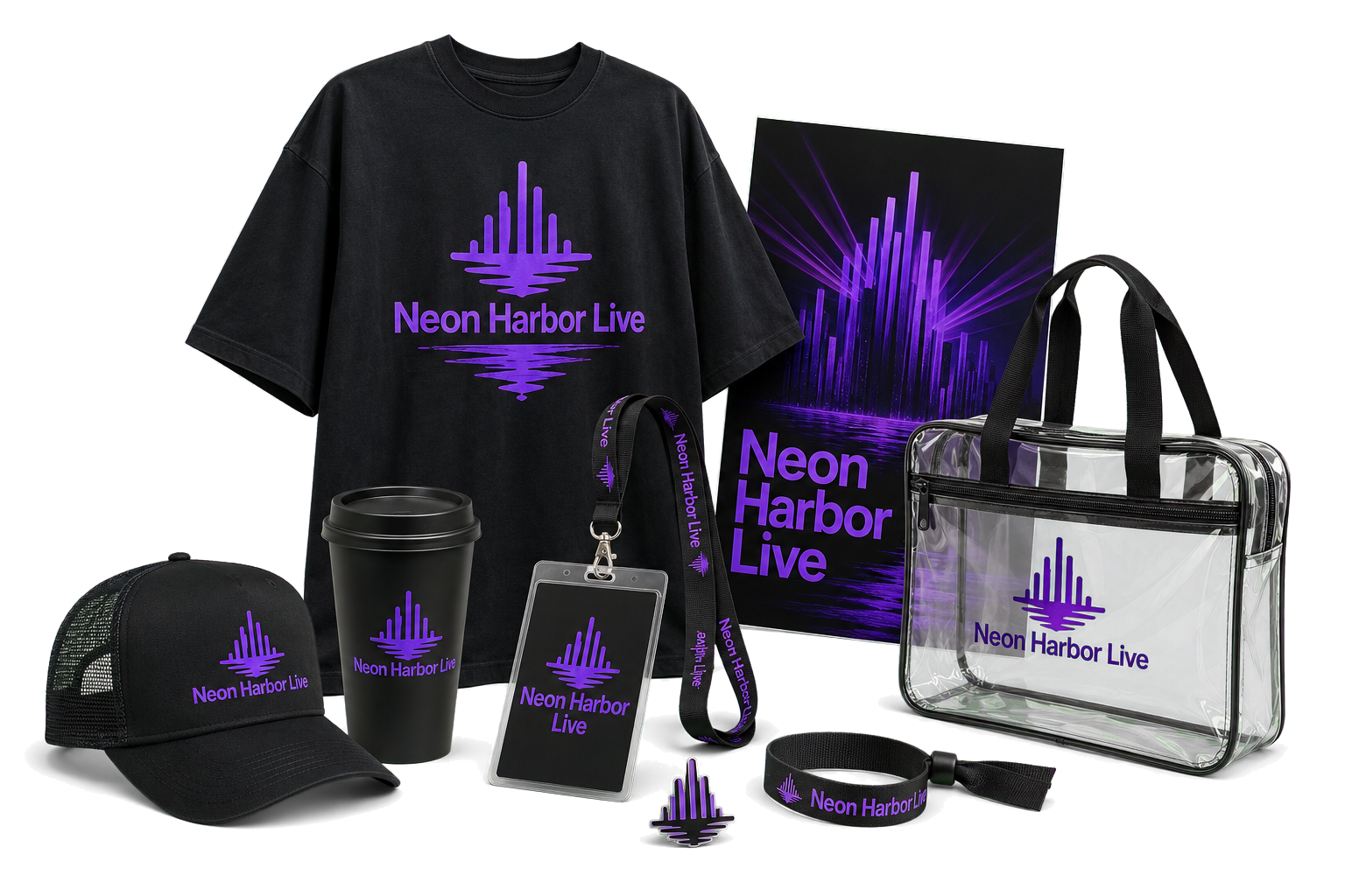 Neon Harbor Live entertainment collection with tour apparel, cap, poster, VIP laminate, festival cup, wristband, pin and clear bag