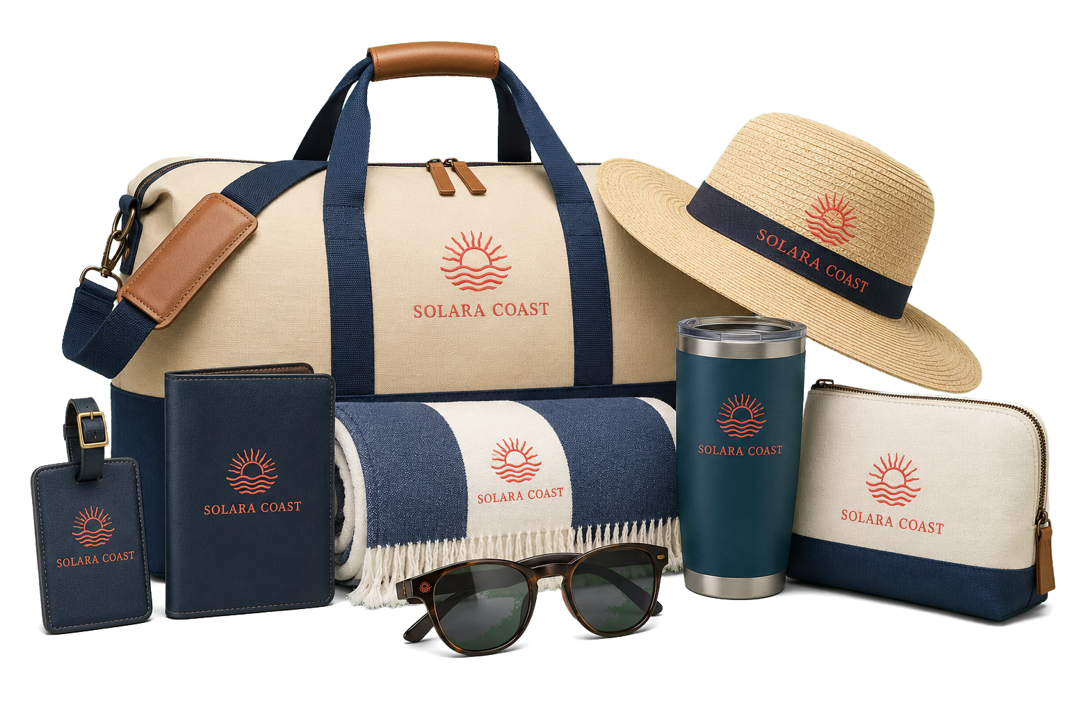 Solara Coast travel collection with weekender bag, luggage tag, passport wallet, tumbler, beach towel, sunglasses, sun hat and amenity pouch